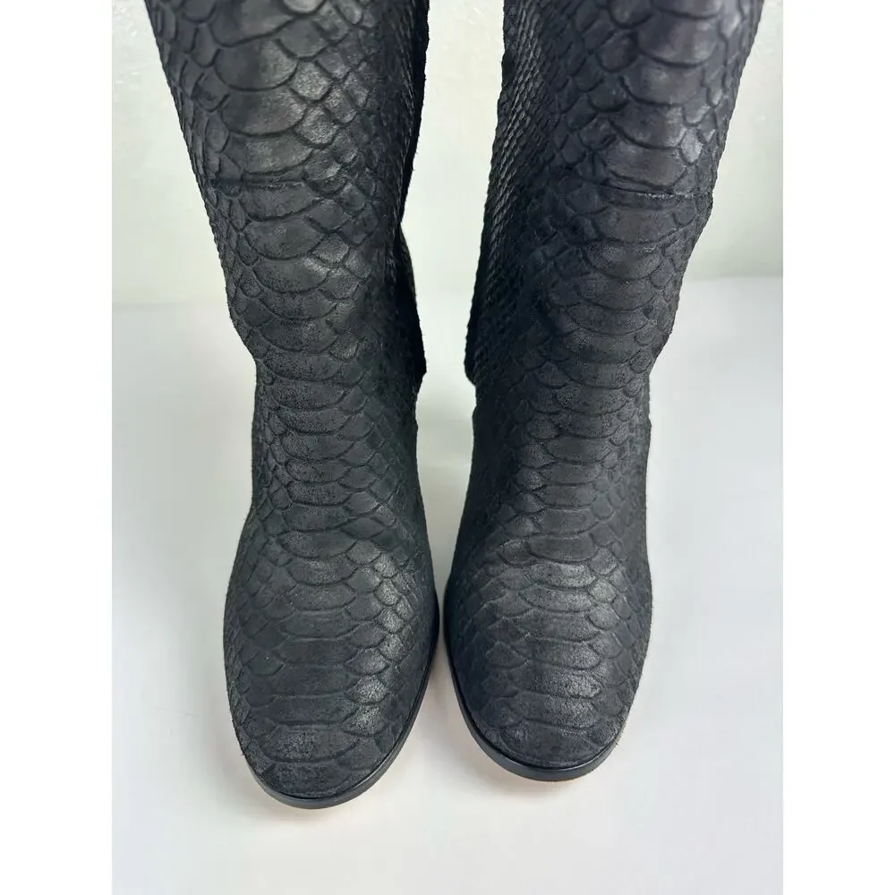 Michael Kors Black Crocodile Embossed Leather Knee High Block Heel Boots Size 8